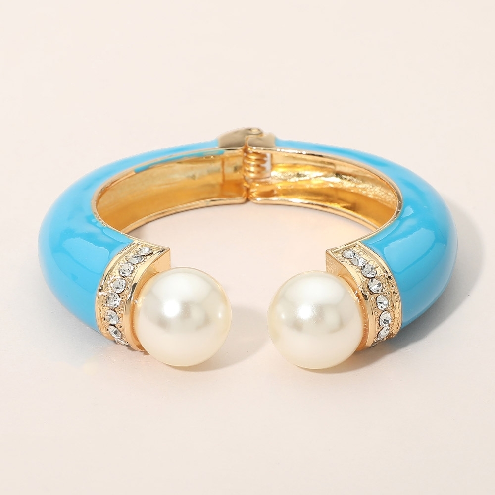 Turquoise Gold Pearl Tip Enamel Cuff Hinged Bracelet Fashion Statement Accessory